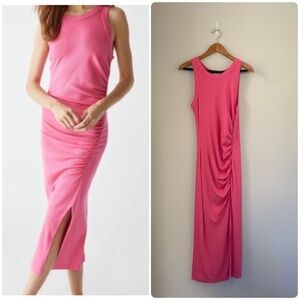 Michael Stars Ribbed Ruched Midi Sleeveless Tank Dress Size M In Pink